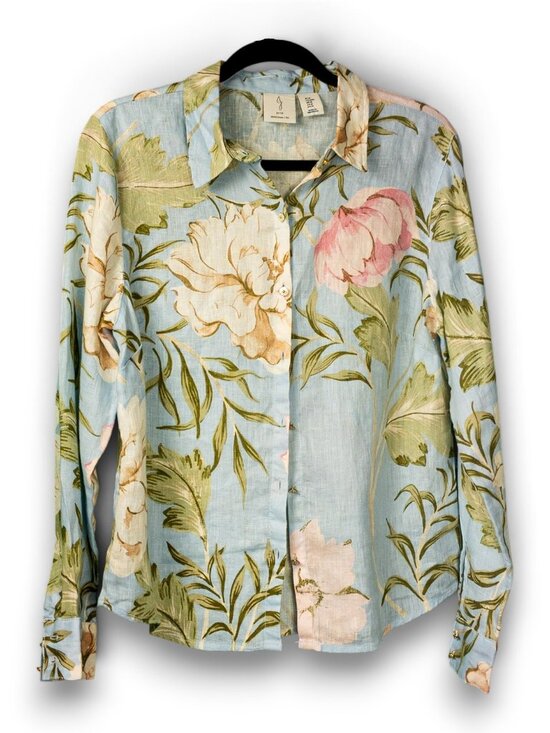 Joie Tops - Joie 100% Linen Floral Button Down Shirt Blue Pink Like New Sz M